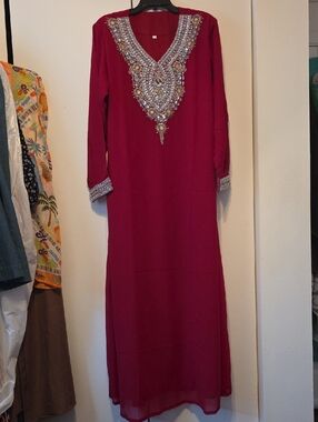 Beaded V-Neck Red Maxi Dress (Galabia) with Long Sleeves